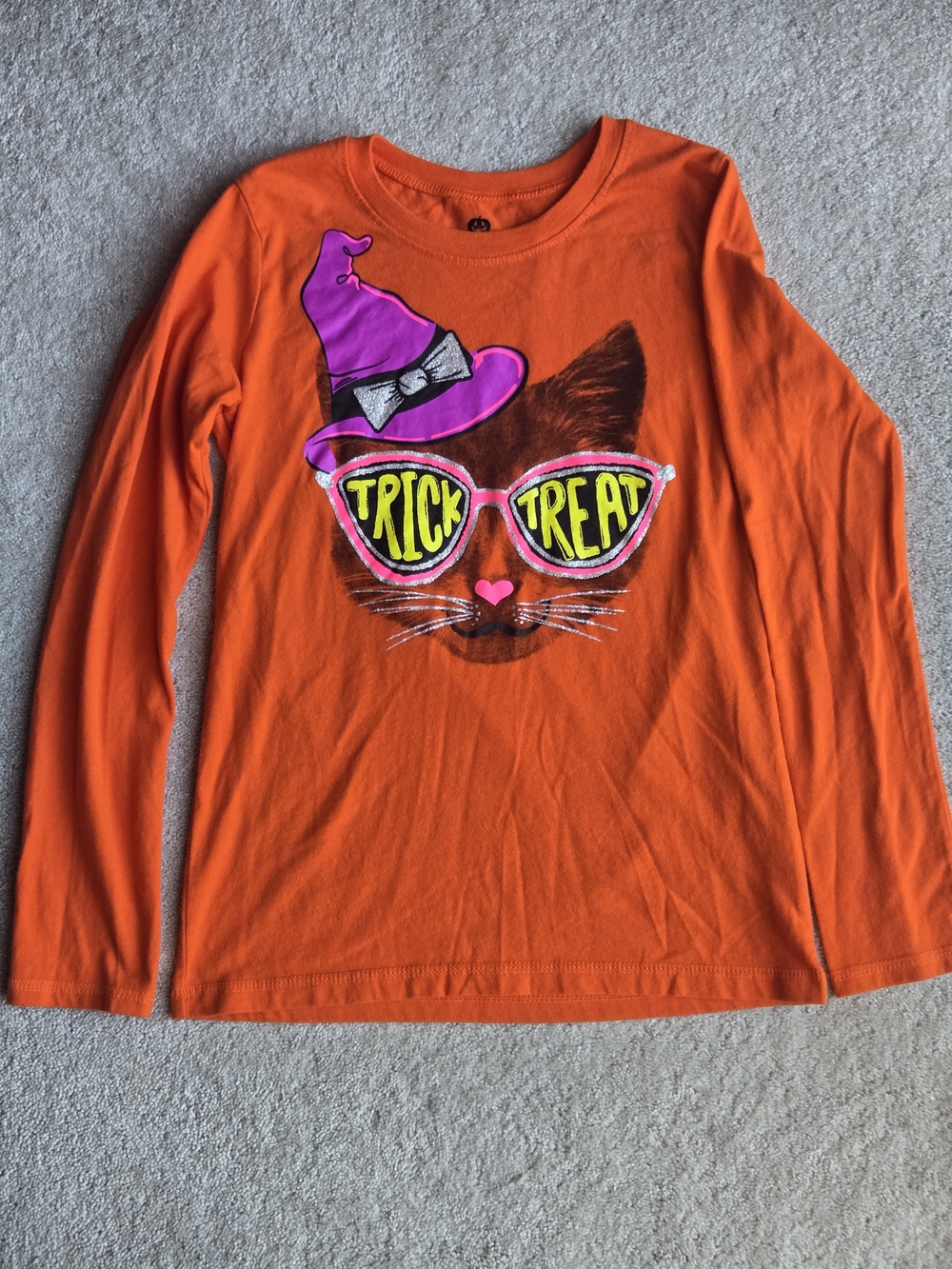 Kids Orange 'Trick Treat' Cat Graphic Long-Sleeve Shirt Halloween Tshirt